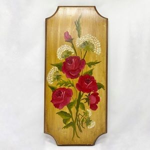 Vintage 70's Red Roses Painted Wood Plaque Art Signed